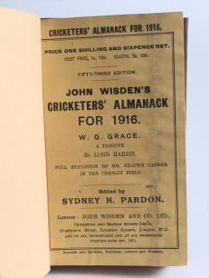 Wisden Cricketers&rsquo; Almanack 1916. 53rd edition. Bound in dark brown boards, with original paper wrappers, title and date in gilt to spine. Some wrinkling to front wrapper and a few following pages, vertical mark to front wrapper, trimming by the binder a 