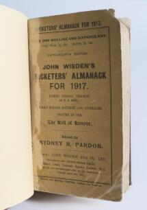 Wisden Cricketers&rsquo; Almanack 1917. 54th edition. Bound in dark brown boards, with original paper wrappers, title and date in gilt to spine. Wear with some loss of printed surface and text to both front and rear wrappers, corner wear, damage and loss, corne