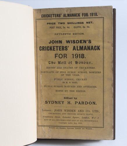 Wisden Cricketers&rsquo; Almanack 1918. 55th edition. Bound in dark brown boards, with original paper wrappers, title and date in gilt to spine. Minor wear to wrappers otherwise in good/very good condition. Rare war-time edition