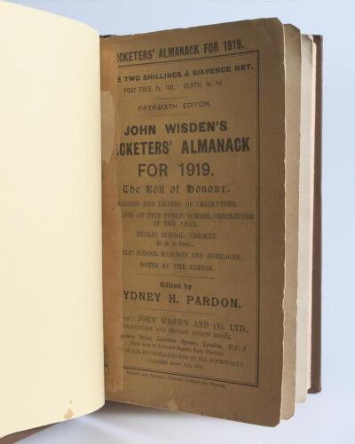 Wisden Cricketers&rsquo; Almanack 1919. 56th edition. Bound in dark brown boards, with original paper wrappers, title and date in gilt to spine. Wear with some loss of printed surface and text to both front and rear wrappers, odd minor faults otherwise in good/
