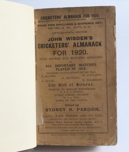 Wisden Cricketers&rsquo; Almanack 1920 and 1921. 57th & 58th editions. Both bound in dark brown boards, with original paper wrappers, title and date in gilt to spine. Both editions with darkened wrappers, greater to the 1921 edition, all wrappers with some wear