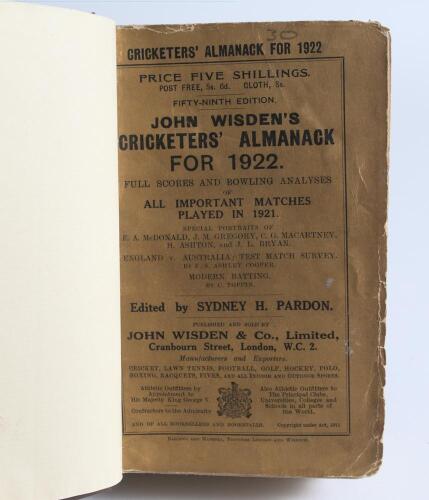 Wisden Cricketers&rsquo; Almanack 1922 and 1923. 59th & 60th editions. Both bound in dark brown boards, with original paper wrappers, title and date in gilt to spine. Both editions with darkened and soiled wrappers, all wrappers with some wear otherwise in good