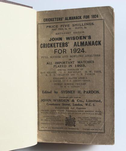 Wisden Cricketers&rsquo; Almanack 1924 and 1925. 61st & 62nd editions. Both bound in dark brown boards, with original paper wrappers, title and date in gilt to spine. Both editions with darkened and soiled wrappers, all wrappers with some wear otherwise in good