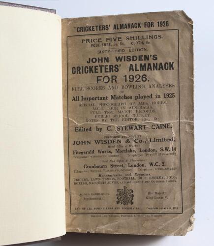 Wisden Cricketers&rsquo; Almanack 1926 and 1927. 63rd & 64th editions. Both bound in dark brown boards, with original paper wrappers, title and date in gilt to spine. The 1926 edition with wear and soiled wrappers otherwise in good condition, the 1927 edition i