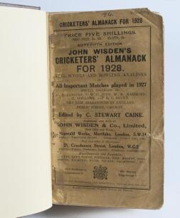 Wisden Cricketers&rsquo; Almanack 1928 and 1929. 65th & 66th editions. Both bound in dark brown boards, with original paper wrappers, title and date in gilt to spine. Both editions with worn wrappers, all wrappers with some loss to edges to a greater or lesser 