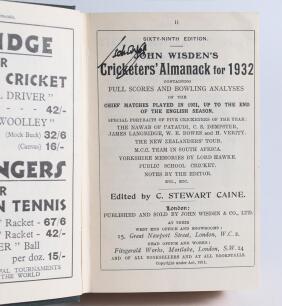 Wisden Cricketers&rsquo; Almanack 1930 to 1939. 67th to 76th editions. The ten editions from the library of John Arlott, previously sold by Christie&rsquo;s Auctioneers in September 1992. All bound in green boards, lacking original paper wrappers, title and date in g