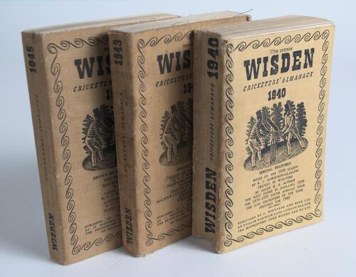 Wisden Cricketers&rsquo; Almanack 1940, 1943 and 1945. 77th, 80th & 82nd editions. Original limp cloth covers. The 1940 edition with bowing to spine, some breaking to page block, wear and soiling to covers, the 1943 edition with some wear and soiling to covers,