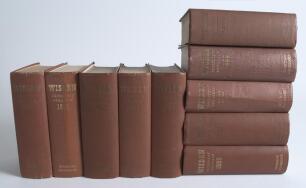 Wisden Cricketers&rsquo; Almanack 1950 to 1959. 87th to 96th. Original hardback editions. All ten editions with fading to the gilt titles on the spine with the exception of the 1959 edition, some dulling to the gilt titles on the front boards of the 1950, 1955 
