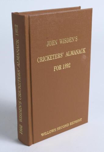 Wisden Cricketers&rsquo; Almanack 1892. Willows &lsquo;second&rsquo; softback reprint (2008) in light brown hardback covers with gilt lettering. Limited edition 34/250. Very good condition