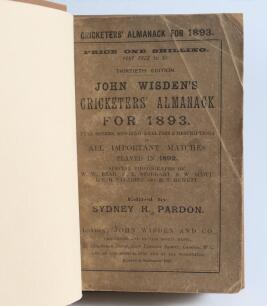 Wisden Cricketers&rsquo; Almanack 1893 and 1894. Both bound in light brown boards, with original wrappers, with title and date in gilt to spine. Some wear, age toning and darkening to wrappers, minor loss to the front wrapper of the 1894 edition otherwise in go