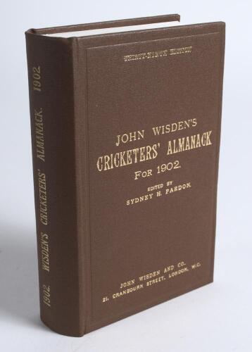 Wisden Cricketers&rsquo; Almanack 1902. Willows hardback reprint (1997) in dark brown boards with gilt lettering. Limited edition 471/500. Very good condition