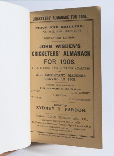 Wisden Cricketers&rsquo; Almanack 1906. 43rd edition. Bound in light brown boards, with original paper wrappers, gilt titles to spine. Good/very good condition