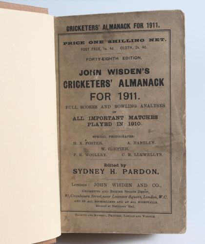 Wisden Cricketers&rsquo; Almanack 1911 & 1912. 48th & 49th editions. Bound in light brown boards, with original paper wrappers, gilt titles to spine. Some browning and minor wear to wrappers of both editions, in addition some soiling and old tape marks to the w
