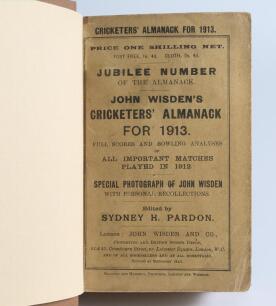 Wisden Cricketers&rsquo; Almanack 1913 and 1915. 50th & 52nd editions. Bound in light brown boards, with original paper wrappers, gilt titles to spine. Light soiling and minor wear to wrappers otherwise in good/very good condition. Qty 2