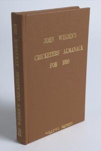 Wisden Cricketers&rsquo; Almanack 1916. Willows softback reprint (1990) in light brown hardback covers with gilt lettering. Limited edition 977/1000. Very good condition