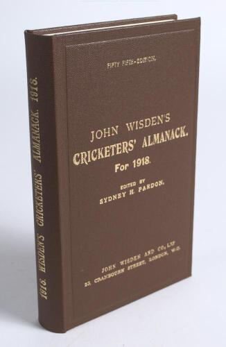 Wisden Cricketers&rsquo; Almanack 1918. Willows hardback reprint (1997) in dark brown hardback covers with gilt lettering. Limited edition 335/500. Very good condition