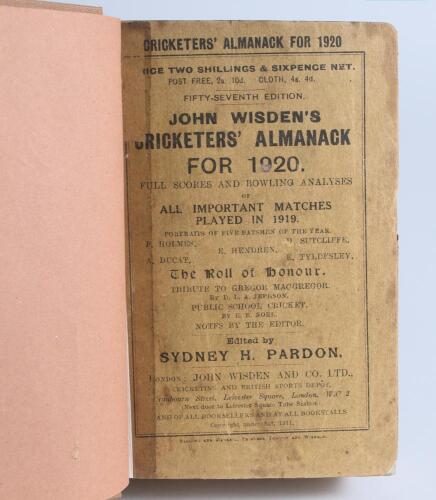 Wisden Cricketers&rsquo; Almanack 1920 and 1921. 57th & 58th editions. Bound in light brown boards, with original paper wrappers, gilt titles to spine. Some soiling and wear to wrappers, vertical tape marks to the edge of the 1921 edition near to the spine othe