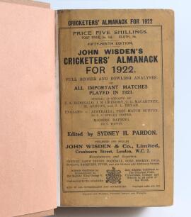 Wisden Cricketers&rsquo; Almanack 1922 and 1923. 59th & 60th editions. Bound in light brown boards, with original paper wrappers, gilt titles to spine. Some soiling and wear to wrappers, vertical tape marks to the edge of the 1923 edition near to the spine othe