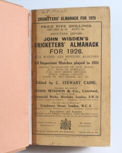 Wisden Cricketers&rsquo; Almanack 1926 and 1927. 63rd & 64th editions. Bound in light brown boards, with original paper wrappers, gilt titles to spine. Some soiling and wear to wrappers and vertical tape marks to the edge of both editions near to the spine othe