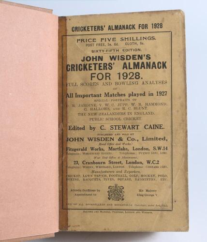 Wisden Cricketers&rsquo; Almanack 1928, 1929 and 1935. 65th, 66th & 72nd editions. Bound in light brown boards, the latter in black, with original paper wrappers, gilt titles to spine. Some soiling and wear to the wrappers of all three editions, the first two w
