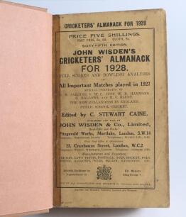 Wisden Cricketers&rsquo; Almanack 1928, 1929 and 1935. 65th, 66th & 72nd editions. Bound in light brown boards, the latter in black, with original paper wrappers, gilt titles to spine. Some soiling and wear to the wrappers of all three editions, the first two w