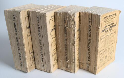 Wisden Cricketers&rsquo; Almanack 1930, 1931, 1932 and 1933. 67th to 70th editions. Original wrappers, all with broken page blocks, some wear, soiling and minor loss to wrappers, wear to all spines with some loss to a greater or lesser extent otherwise in good 