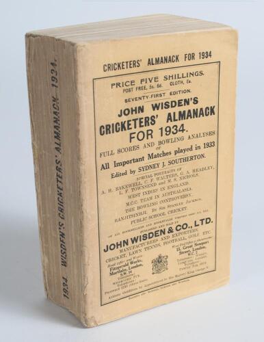 Wisden Cricketers&rsquo; Almanack 1934. 71st edition. Original wrappers. Minor breaking to page block, minor wear to spine paper otherwise in good/very good condition