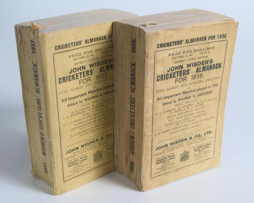 Wisden Cricketers&rsquo; Almanack 1936 and 1937. 73rd & 74th editions. Original wrappers. Some bowing to the spines of both books, slight breaking to the page block of the 1936 edition, some age toning and minor wear to the wrappers of the 1936 edition and to a