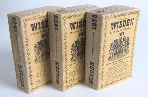 Wisden Cricketers&rsquo; Almanack 1938, 1939 and 1940. 75th to 77th editions. Original cloth covers. Some general wear, age toning and soiling to the covers of each book, the 1938 edition with slight break to the front internal hinge of the cover, some breaking