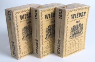 Wisden Cricketers&rsquo; Almanack 1938, 1939 and 1940. 75th to 77th editions. Original cloth covers. Some general wear, age toning and soiling to the covers of each book, the 1938 edition with slight break to the front internal hinge of the cover, some breaking
