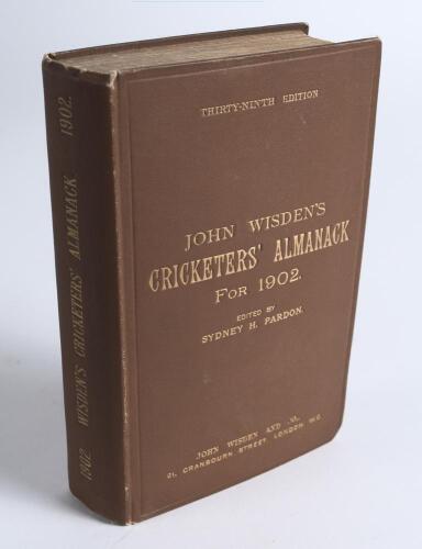 Wisden Cricketers&rsquo; Almanack 1902. 39th edition. Original hardback. Very minor wear to head and base of spine paper otherwise in generally very good condition with bright gilt titles. A rare early hardback edition