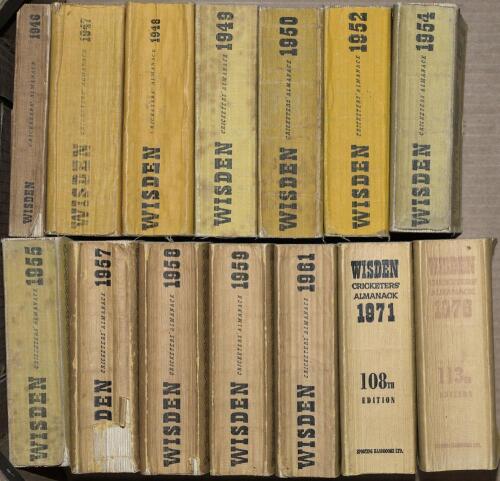 Wisden Cricketers&rsquo; Almanack 1946 to 1950, 1952, 1954, 1955, 1957, 1958, 1959, 1961, 1971 and 1976. Original cloth covers. All editions with some wear and faults, the 1946 edition with detached front cover otherwise in generally overall good condition. Qty