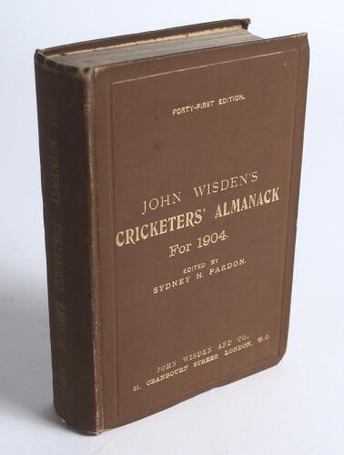 Wisden Cricketers&rsquo; Almanack 1904. 41st edition. Original hardback. Light wear to boards, some minor wear to board extremities and head and base of spine paper, some bumping to board corners, black ink splash to base of book block, slight dulling to the gi