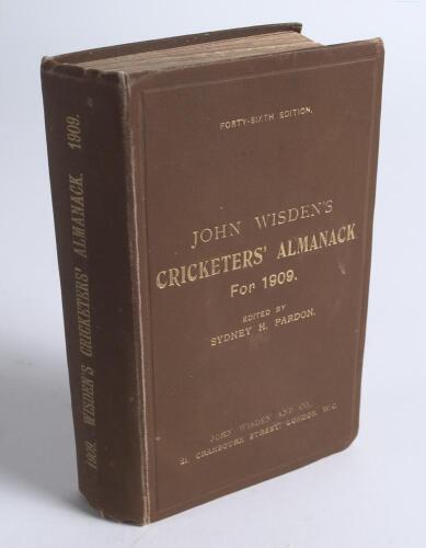 Wisden Cricketers&rsquo; Almanack 1909. 46th edition. Original hardback. Some bumping to corners of boards, minor marks and light wear to boards and spine paper, some light wear to internal hinges, some soiling to page block edge otherwise in good+ condition. A