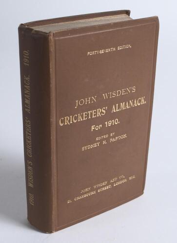 Wisden Cricketers&rsquo; Almanack 1910. 47th edition. Original hardback. Very minor wear to board extremities otherwise in very good condition with gilt titles bright. A rarer hardback edition