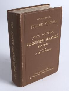 Wisden Cricketers&rsquo; Almanack 1913. 50th (Jubilee edition). Original hardback. Very minor wear to head and base of spine paper, minor wrinkling to spine paper, very minor wear to board extremities, odd very minor marks to boards, handwritten name of ownersh
