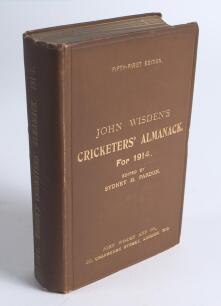 Wisden Cricketers&rsquo; Almanack 1914. 51st edition. Original hardback. Very minor wear to head and base of spine paper, slight darkening to spine paper, minor wear to corners of boards otherwise in good/very good condition