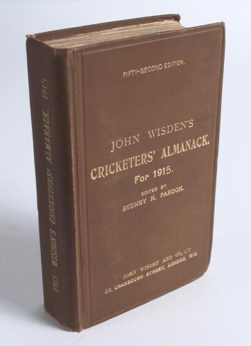Wisden Cricketers&rsquo; Almanack 1915. 52nd edition. Original hardback. Minor wear and light creasing to spine paper, minor wear and bumping to corners, odd foxing spot otherwise in good+ condition
