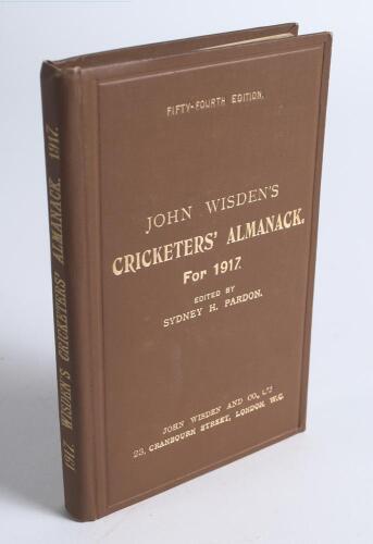 Wisden Cricketers&rsquo; Almanack 1917. 54th edition. Original hardback. Excellent condition throughout, pencil signature of ownership to top border of front yellow end paper. A rare wartime hardback edition with gilt titles to front board and spine very bright