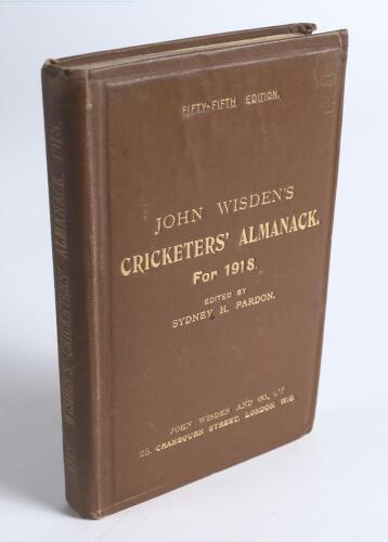 Wisden Cricketers&rsquo; Almanack 1918. 55th edition. Original hardback. Some wear and wrinkling to boards and spine, some bumping to corners, some dulling to the gilt titles on the spine, tiny ink spot to the centre of the front board, slight breaking to inter