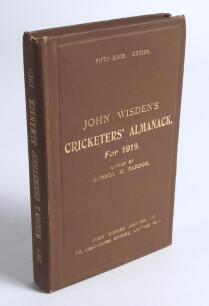 Wisden Cricketers&rsquo; Almanack 1919. 56th edition. Original hardback. Very minor faults to front board, standard browning to pages in the second half of the book otherwise in very good condition. A rare wartime hardback edition with gilts to front board and
