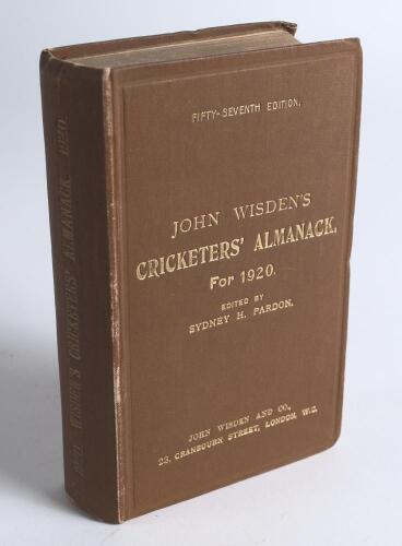 Wisden Cricketers&rsquo; Almanack 1920. 57th edition. Original hardback. Minor wear to board and spine extremities, minor bumping to board corners, some fading to gilt titles on the spine paper otherwise in generally good/very good condition