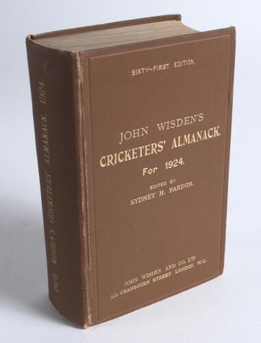 Wisden Cricketers&rsquo; Almanack 1924. 61st edition. Original hardback. Minor wear to board extremities around the spine area otherwise in very good condition