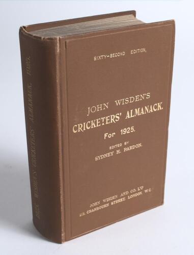 Wisden Cricketers&rsquo; Almanack 1925. 62nd edition. Original hardback. Very minor wear to board and spine extremities otherwise in very good condition. Ex Eagar Collection with his bookplate loosely attached to inside front board