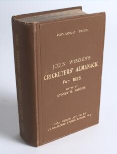 Wisden Cricketers&rsquo; Almanack 1925. 62nd edition. Original hardback. Very minor wear to board and spine extremities otherwise in very good condition. Ex Eagar Collection with his bookplate loosely attached to inside front board