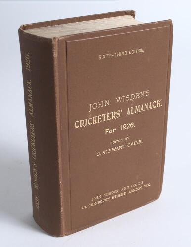 Wisden Cricketers&rsquo; Almanack 1926. 63rd edition. Original hardback. Original hardback. Odd very minor faults otherwise in very good condition with bright gilt titles to front board and spine paper