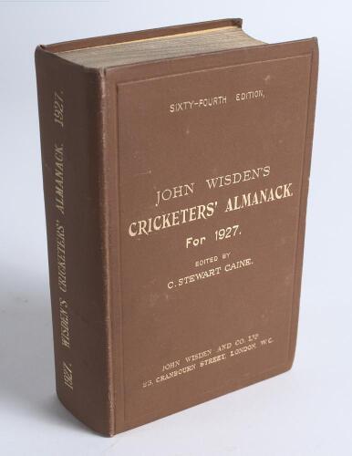 Wisden Cricketers&rsquo; Almanack 1927. 64th edition. Original hardback. Minor wear and odd tiny mark to boards, very minor bump to bottom corner of rear board otherwise in very good condition