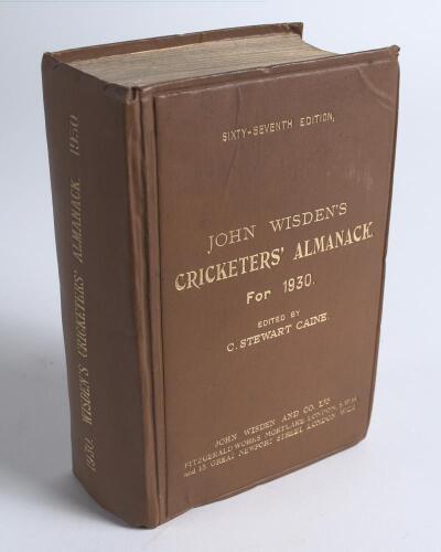 Wisden Cricketers&rsquo; Almanack 1930. 67th edition. Original hardback. Minor creasing to top and lower corner of front board, minor bumping to board edges, minor bump to rear corner of back board otherwise in generally good/very good condition