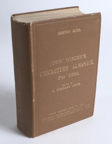 Wisden Cricketers&rsquo; Almanack 1933. 70th edition. Original hardback. Some general wear to boards and spine, some dulling to the gilt titles on the front board and to a greater extent the spine otherwise in good/very good condition