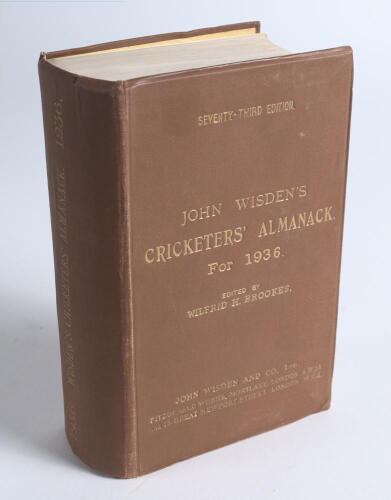 Wisden Cricketers&rsquo; Almanack 1936. 73rd edition. Original hardback. Very slight dulling to front board gilt titles, very minor wear to boards and spine paper, internally in very good condition
